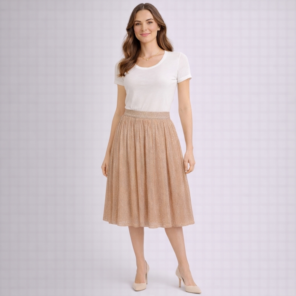 Grace Karin Metallic Rose Gold Pleated Elastic Waist Midi Skirt S - Picture 6 of 9